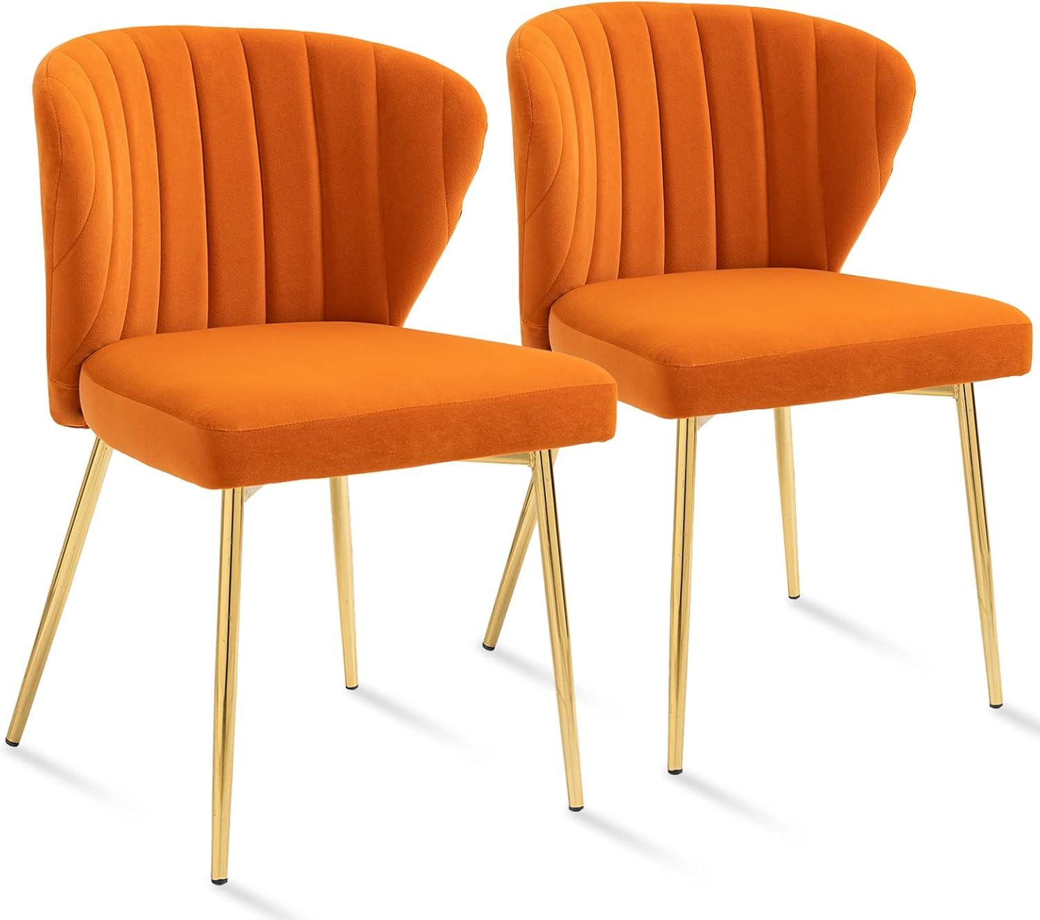 Velvet Dining Chairs Set of 2 Upholstered Side Chairs Accent Home Kitchen Tufted Metal Legs Living Room Orange