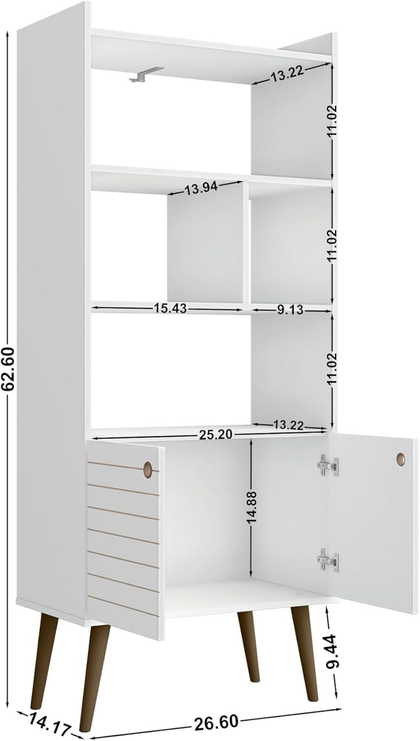 Mid-Century Modern White and Wood 3-Tier Bookshelf with Doors