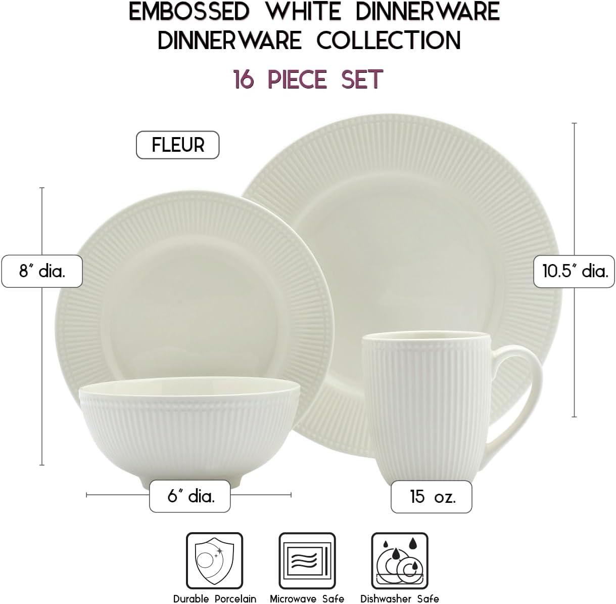 Tabletops Gallery Tabletops Gallery Fleur 16 Piece Dinnerware Set Embossed Bone White Porcelain (Dinner Plate, Salad)