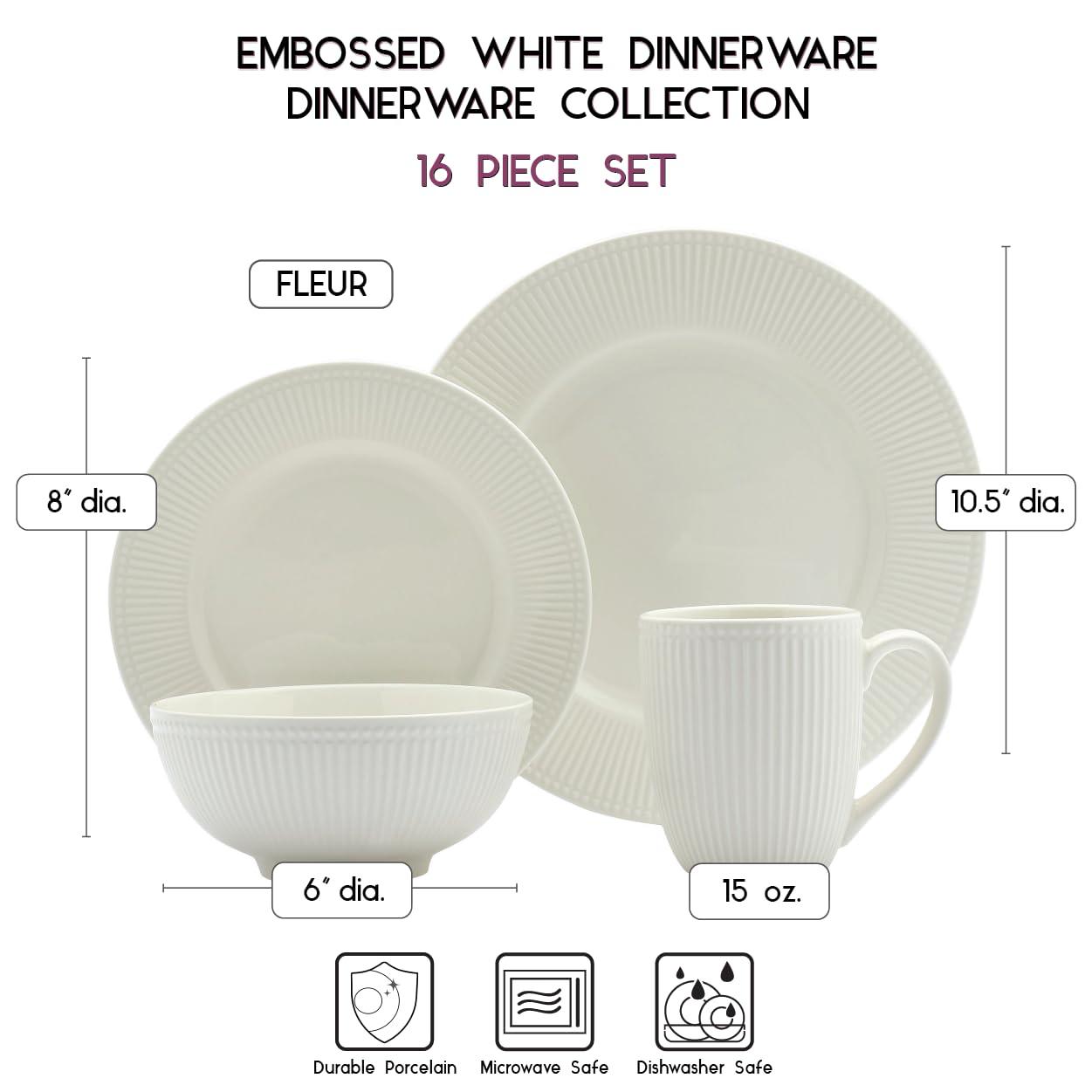 Tabletops Gallery Tabletops Gallery Fleur 16 Piece Dinnerware Set Embossed Bone White Porcelain (Dinner Plate, Salad)