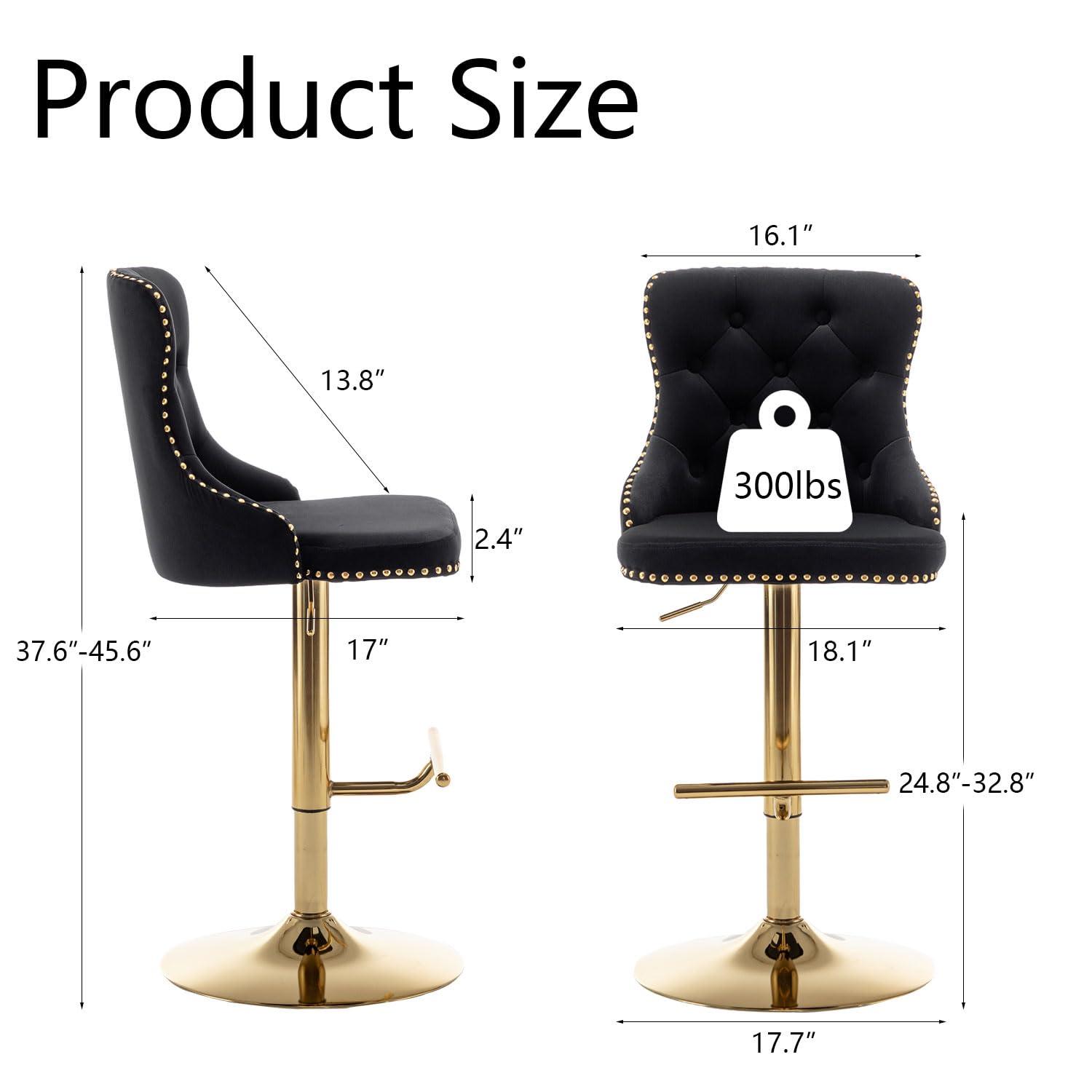 Gold Velvet Bar Stools Set of 2, Swivel Counter Height Bar Stools with Nailheads Trim and Button, Adjustable Barstools for Kitchen Island, Pub, Club (Black)