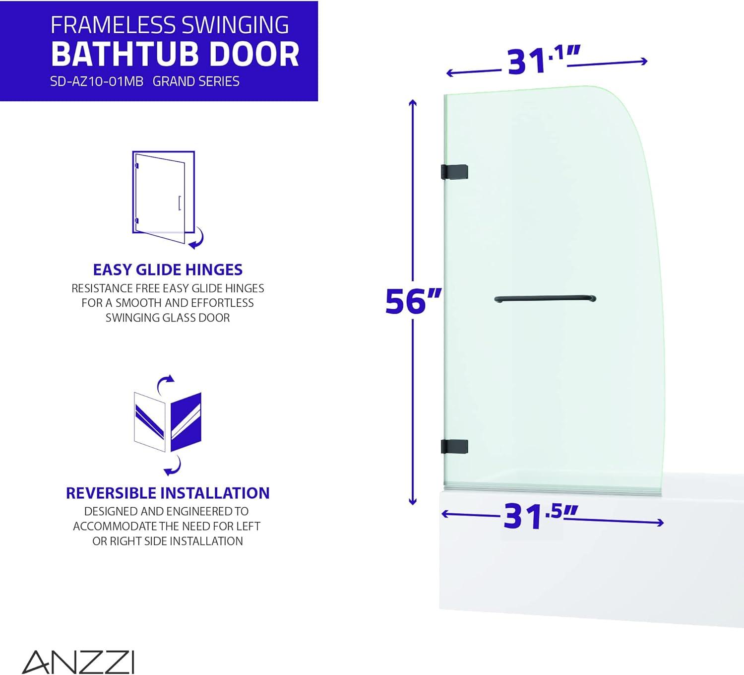 ANZZI Grand Series 31.5 In. X 56 In. Frameless Hinged Glass Shower Tub Door In Matte Black