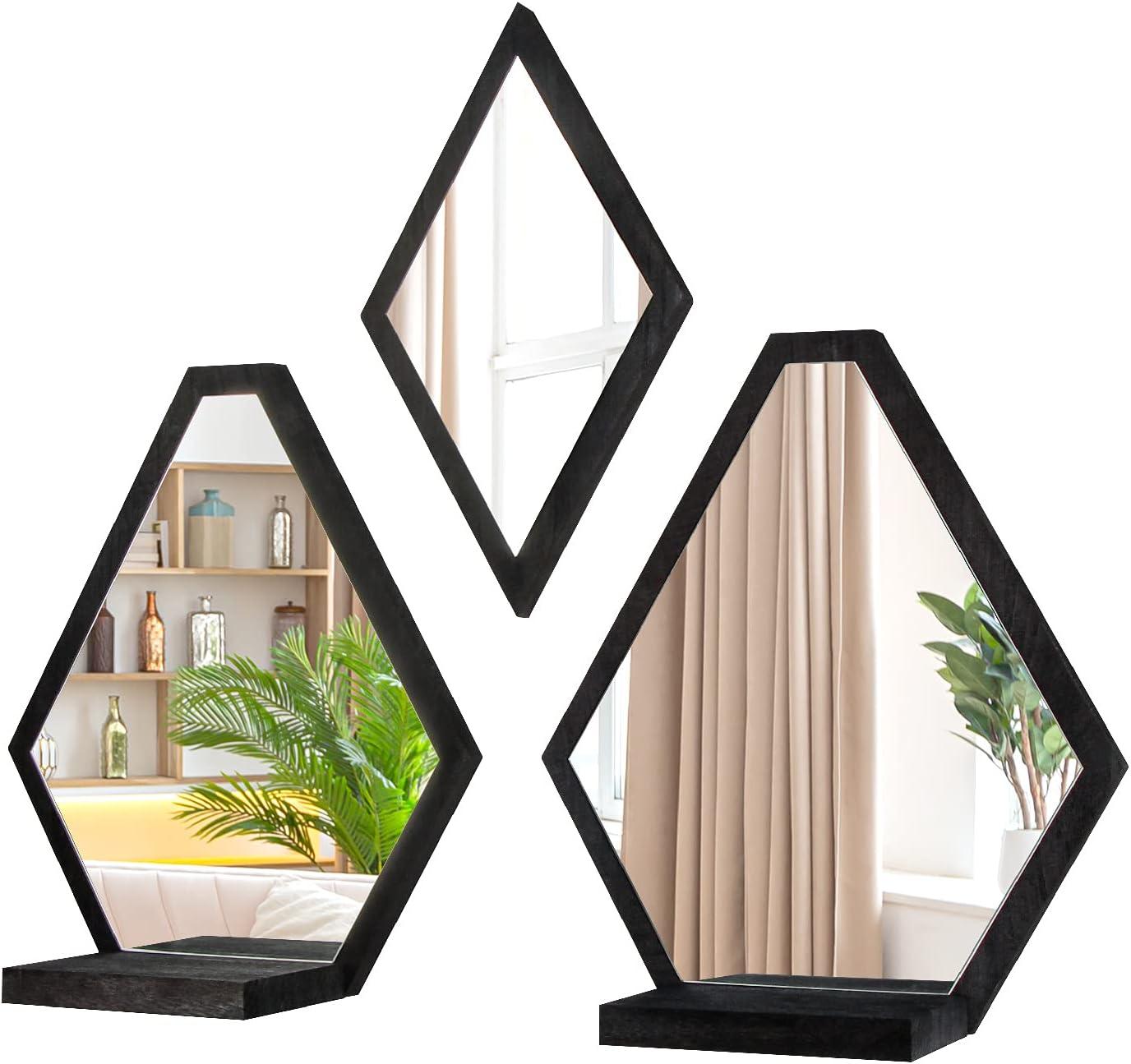 Design Wall Mount Decorative Mirrors- Set of 3, Geometric Rustic Wood Real Mirror with Shelf for Bedroom, Bathroom, Living Room, Kitchen Wall Art Décor