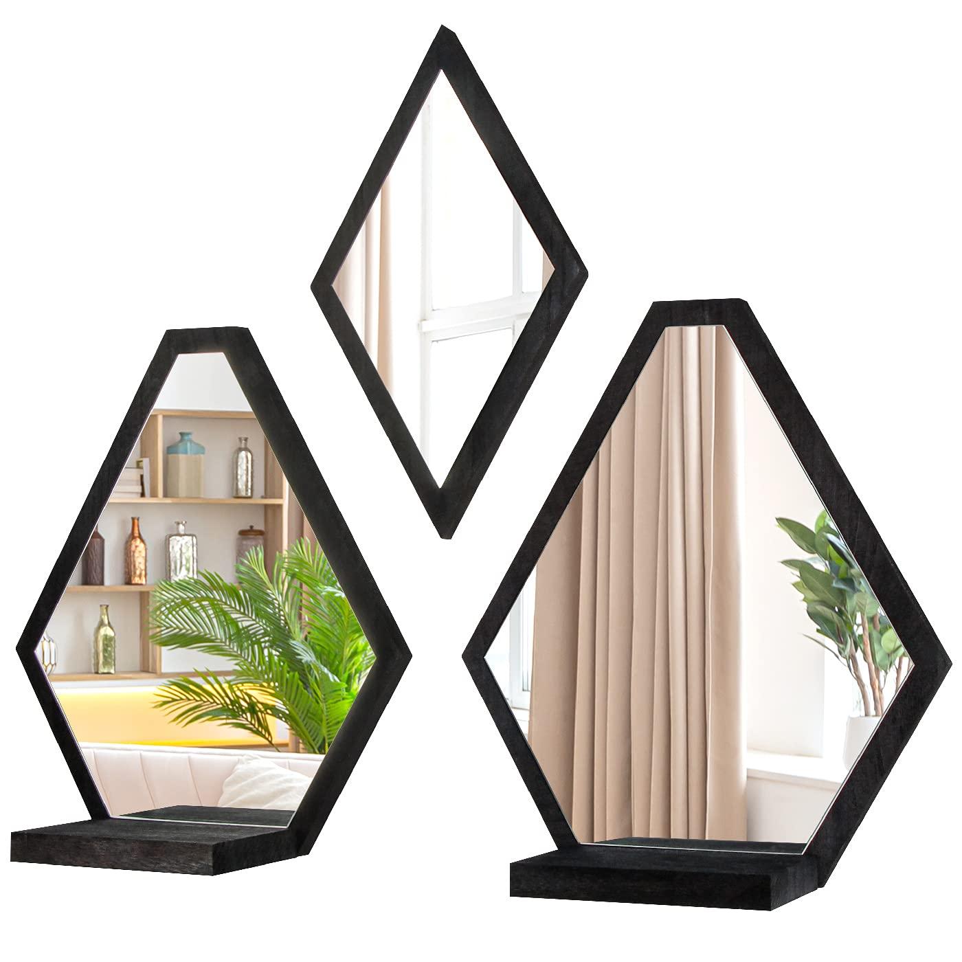Design Wall Mount Decorative Mirrors- Set of 3, Geometric Rustic Wood Real Mirror with Shelf for Bedroom, Bathroom, Living Room, Kitchen Wall Art Décor