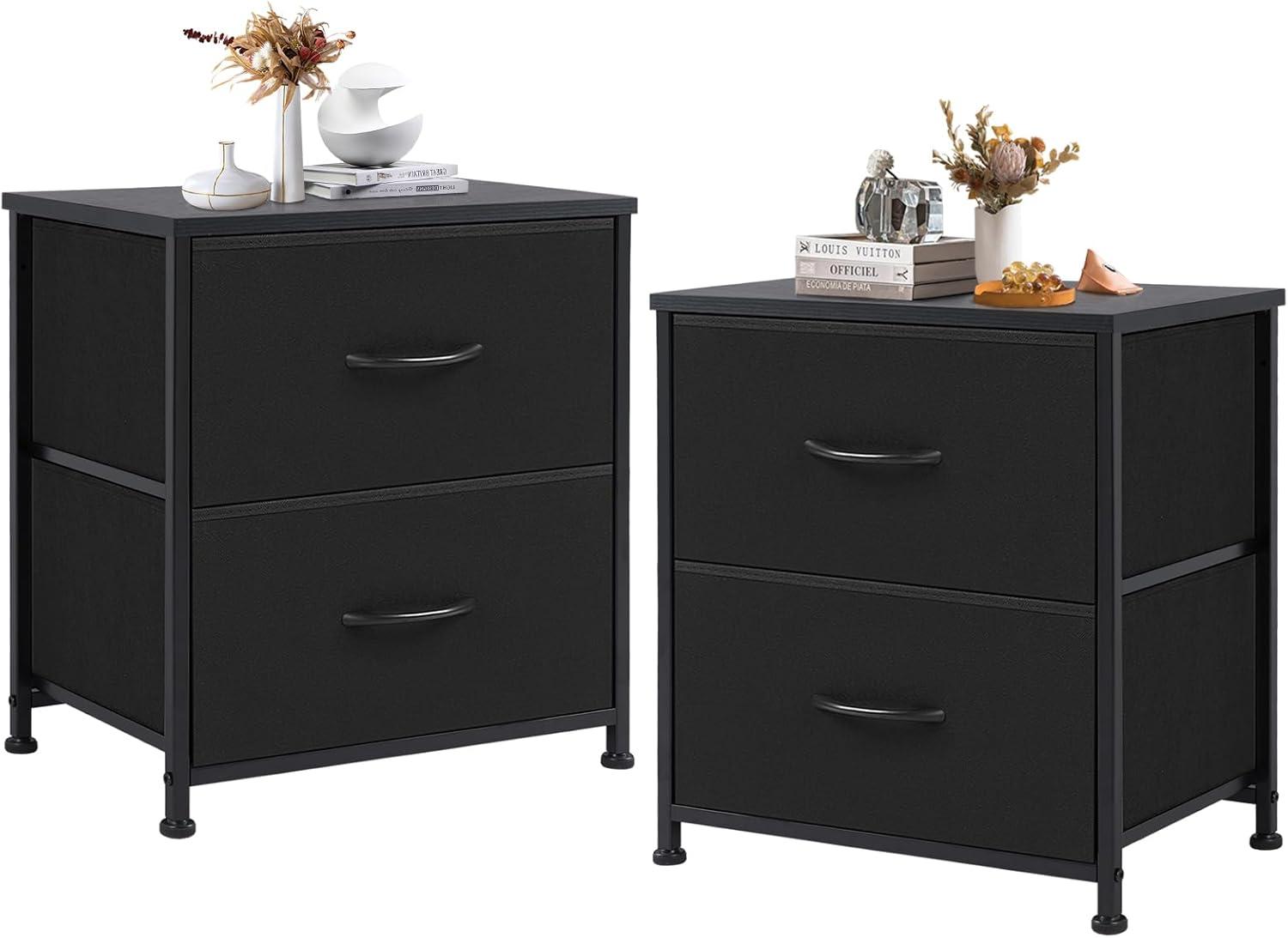DUMOS Nightstand Set of 2, Small Dresser with 2 Fabric Drawers Side Bedroom End Table Kids Bedside Storage Furniture for 25 inch Tall Night Stand for Closet, Entryway, College Dorm, Classic Black