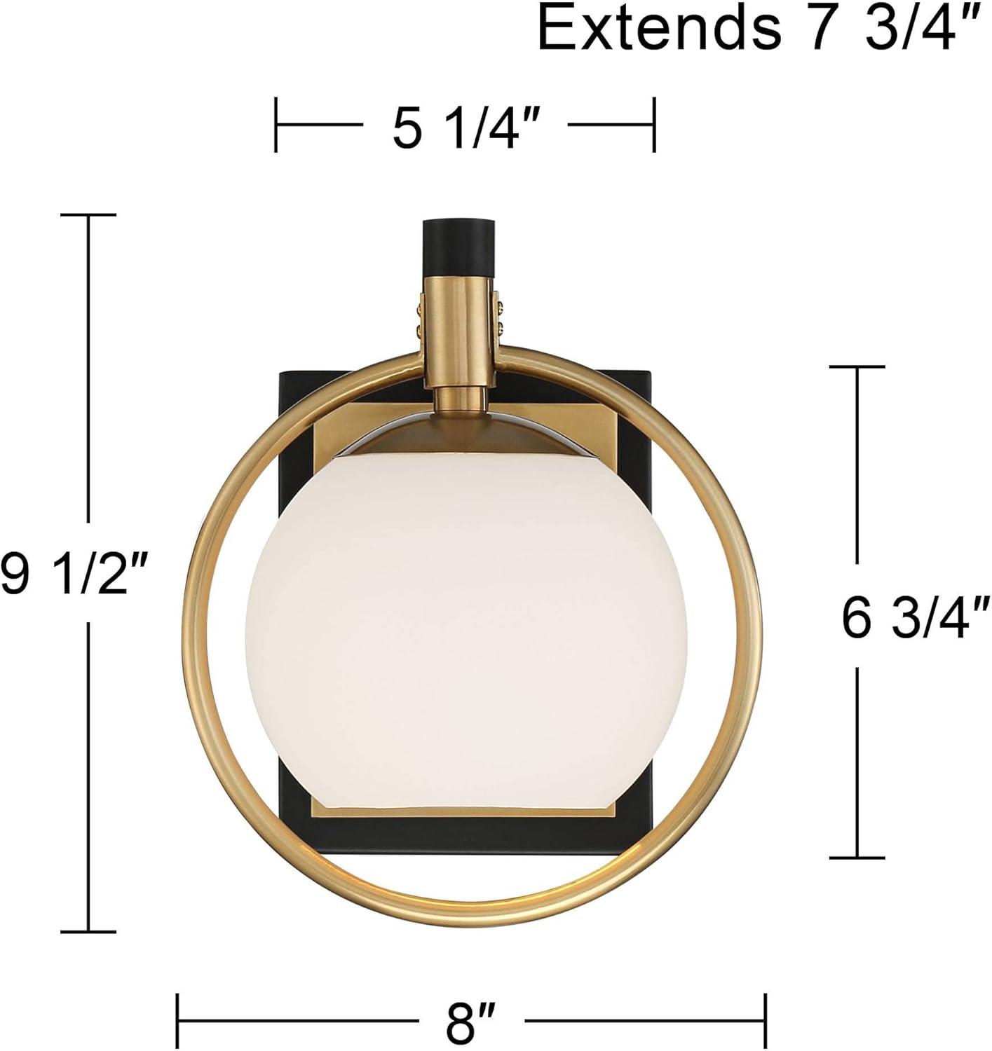 Possini Euro Design Carlyn Modern Wall Light Sconce Warm Brass Black Hardwire 8" Fixture Milky White Globe Glass for Bedroom Bathroom Vanity Reading