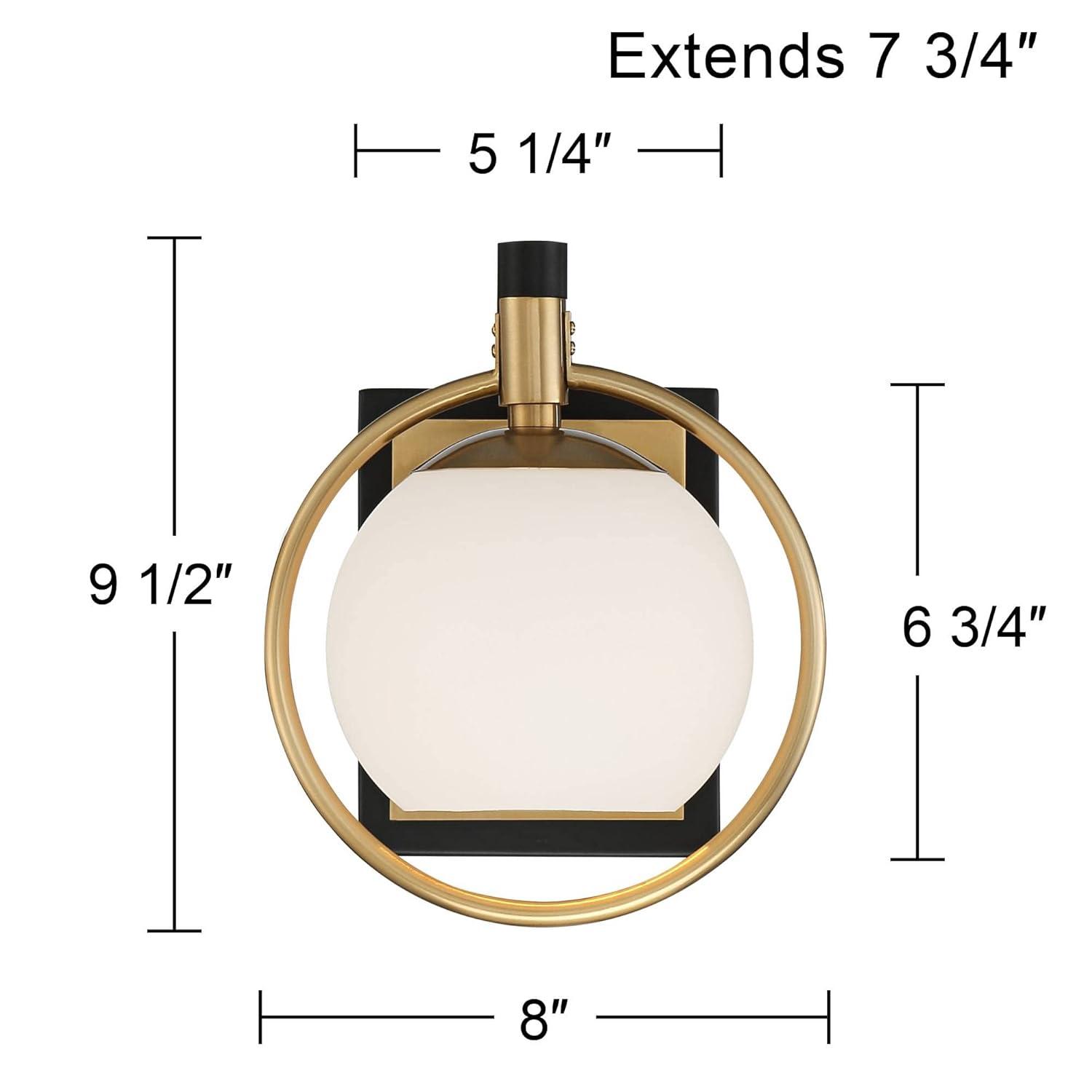 Possini Euro Design Carlyn Modern Wall Light Sconce Warm Brass Black Hardwire 8" Fixture Milky White Globe Glass for Bedroom Bathroom Vanity Reading