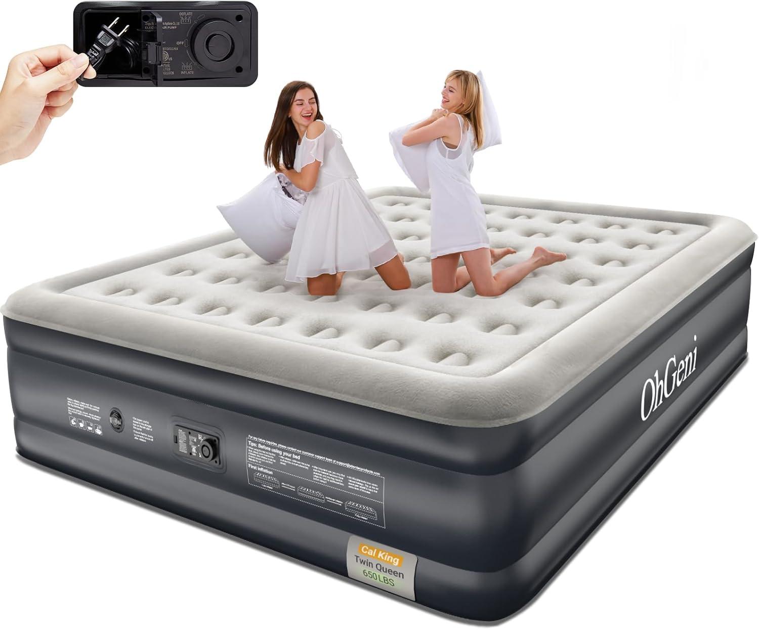 California King Black and Gray Raised PVC Air Mattress with Built-In Pump