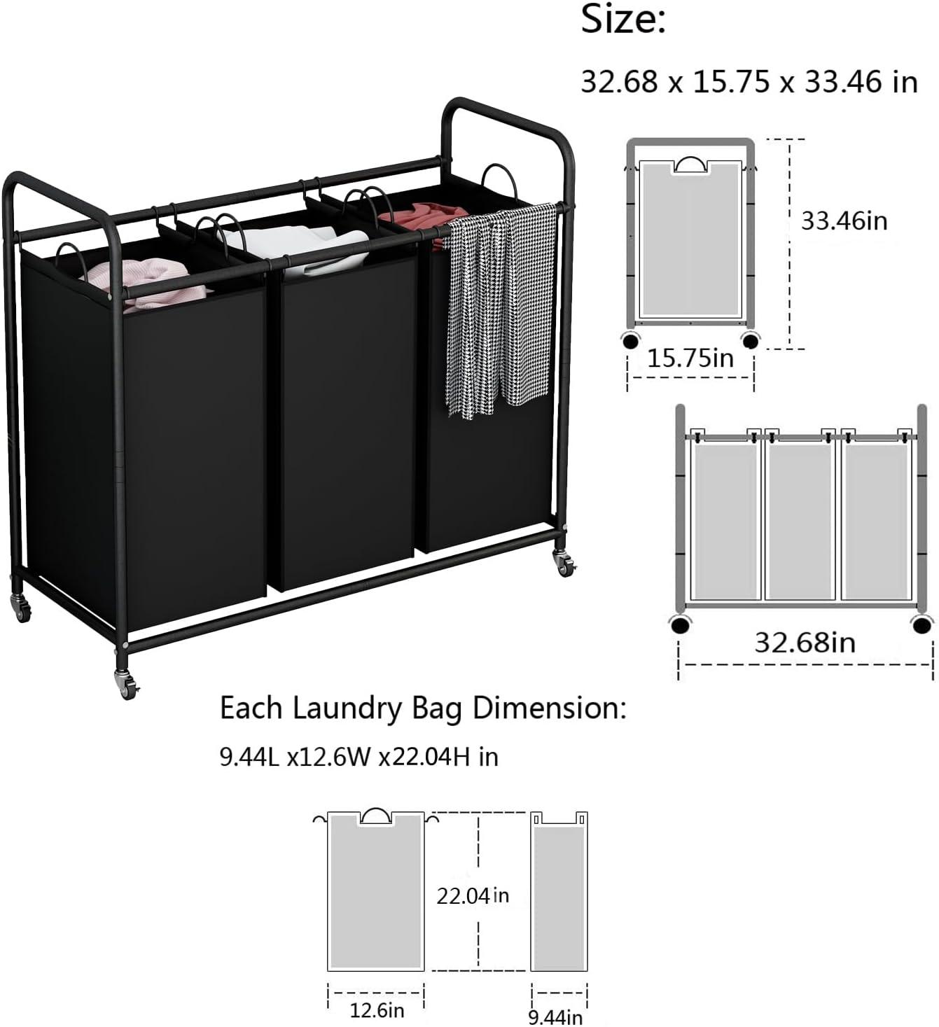 3-Bag Laundry Basket Hamper Laundry Sorter Cart laundry room organization with Heavy Duty Rolling Lockable Wheels and Removable Bags (Black)