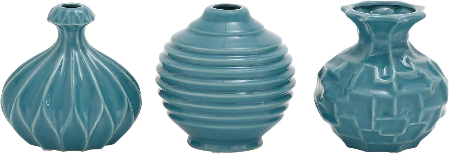 Polished Blue Ceramic Bud Vase Trio, Modern Indoor Decor