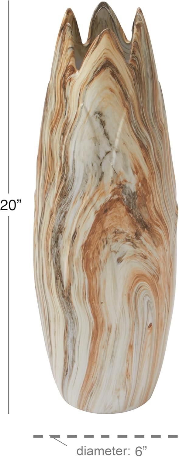 DecMode 21" Marbled Beige Ceramic Vase with Angled Edge Opening and Rust Accents