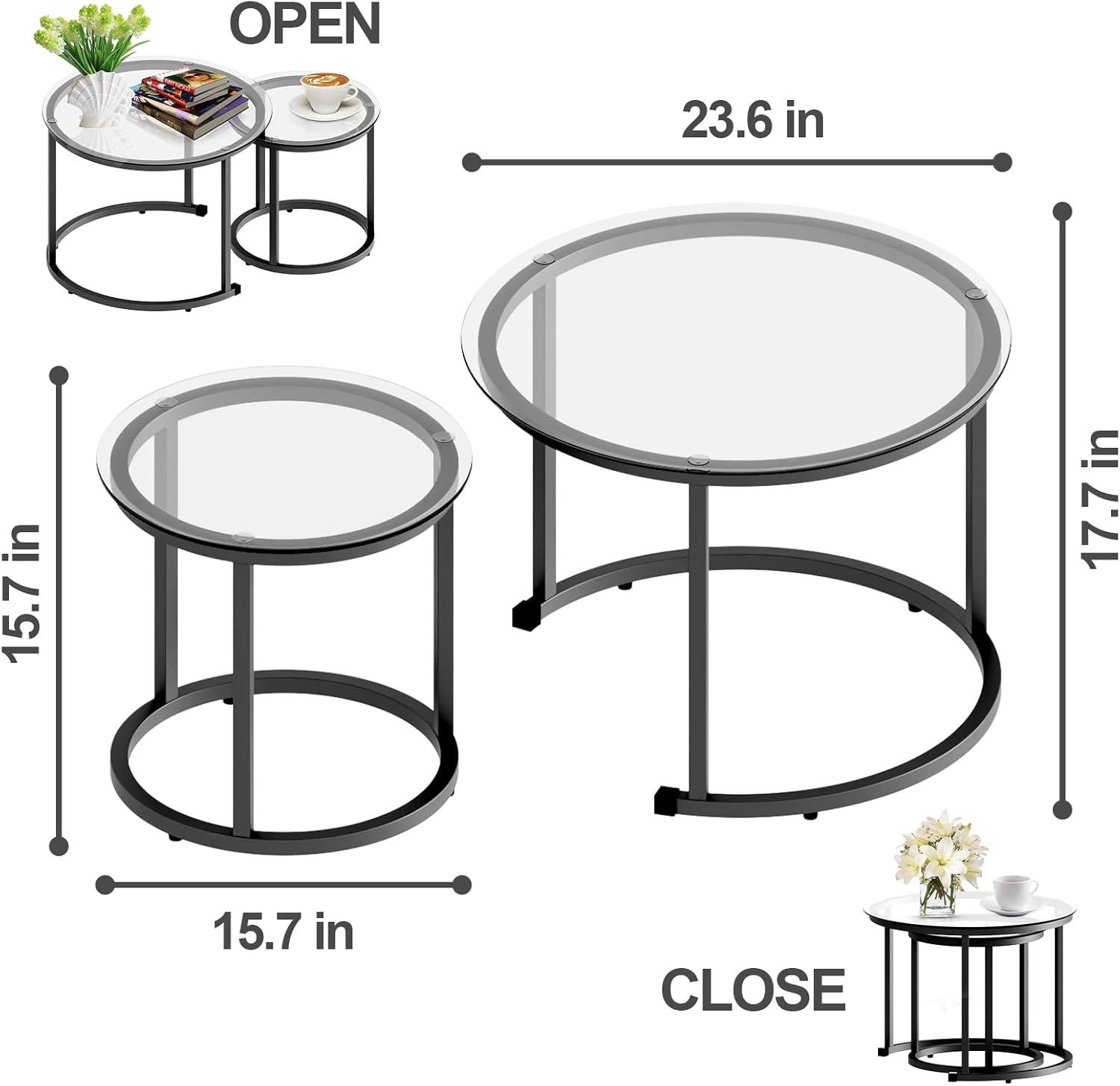 Black Glass and Metal Round Nesting Coffee Tables, Set of 2