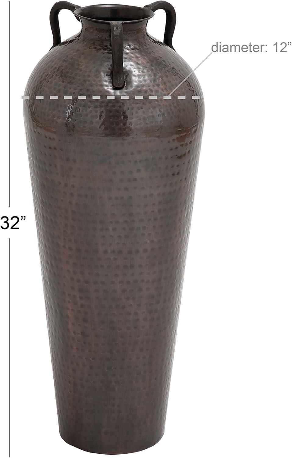 DecMode 32" Tall Floor Mediterranean Style Brown Metal Vase with Hammered Details and Handles