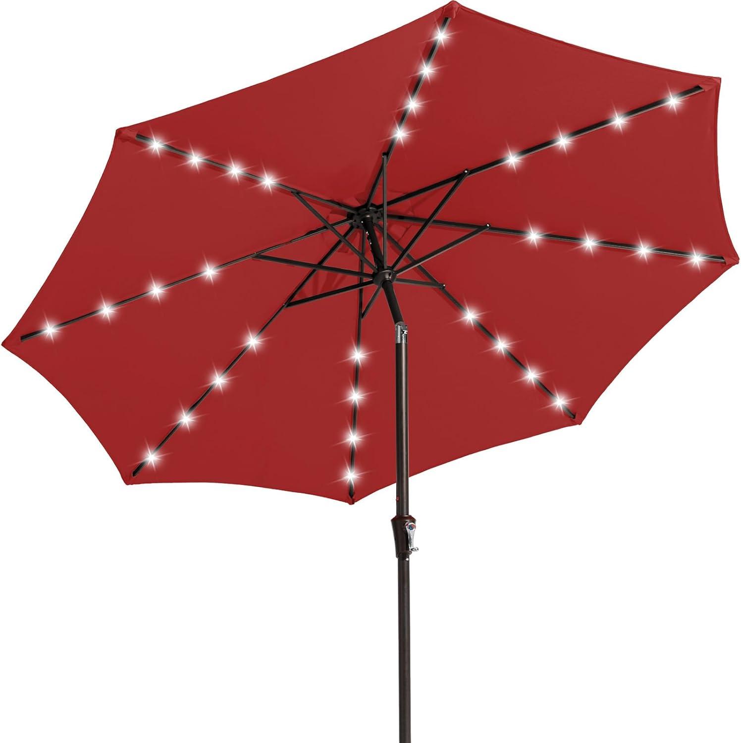 JEAREY Upgrade 9FT LED Lighted Patio Umbrella, Solar Outdoor Umbrella, Tilt Table Umbrella for Pool, Deck & Yard (Red)