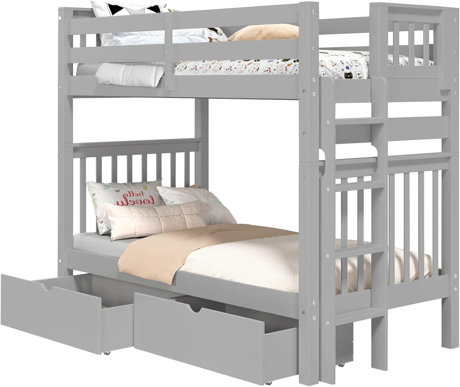 Bedz King Tall Bunk Beds Twin over Twin Mission Style with End Ladder and 2 Under Bed Drawers, Gray
