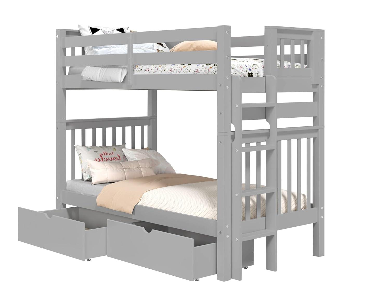 Bedz King Tall Bunk Beds Twin over Twin Mission Style with End Ladder and 2 Under Bed Drawers, Gray