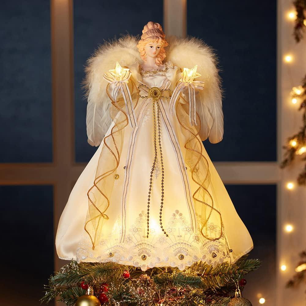 Kurt Adler 14-Inch Battery-Operated Ivory and Gold LED Angel Treetop