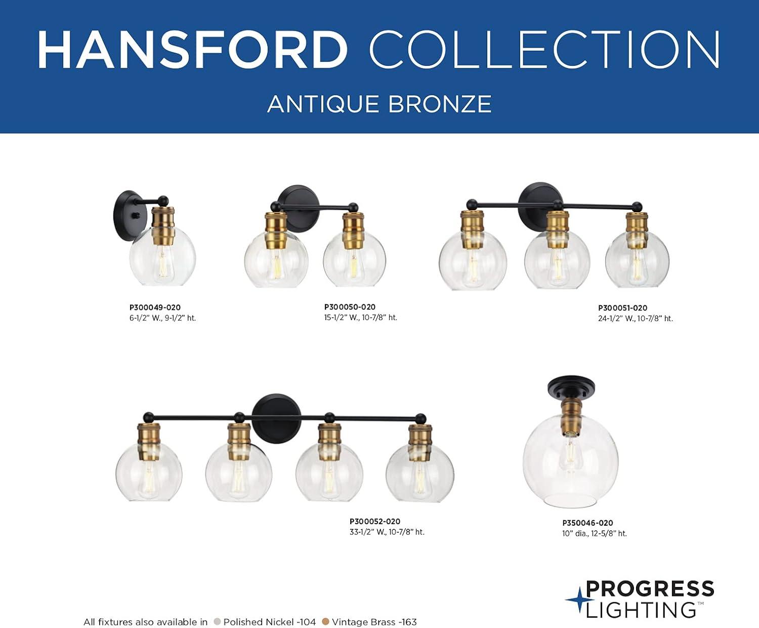 Progress Lighting Hansford 1-Light Bath & Vanity Fixture, Antique Bronze, Clear Spherical Shade