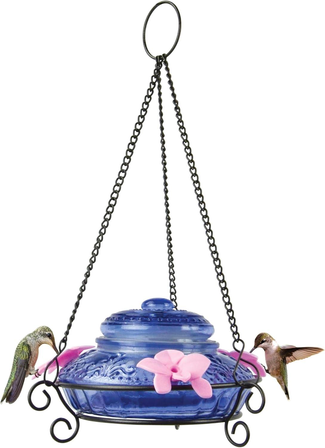 Antique Blue Glass Hanging Hummingbird Feeder with Metal Chains