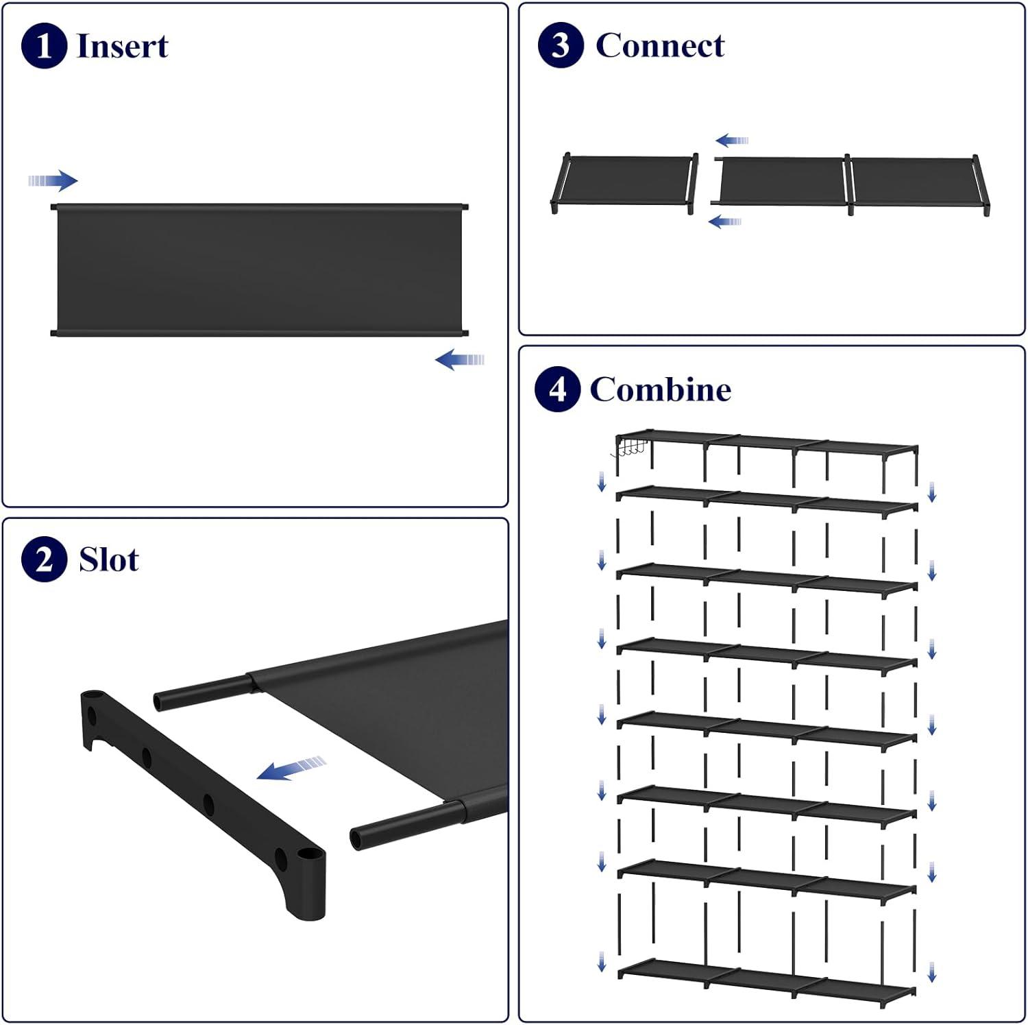 Black 8-Tier Stackable Metal and Fabric Shoe Rack