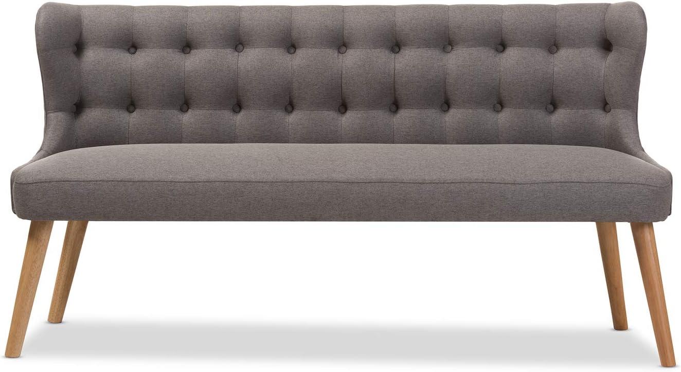 Melody Mid-Century Modern Fabric and Natural Wood Finishing 3 Seater Settee Bench Gray - Baxton Studio: Rubberwood Legs, Button-Tufted Back