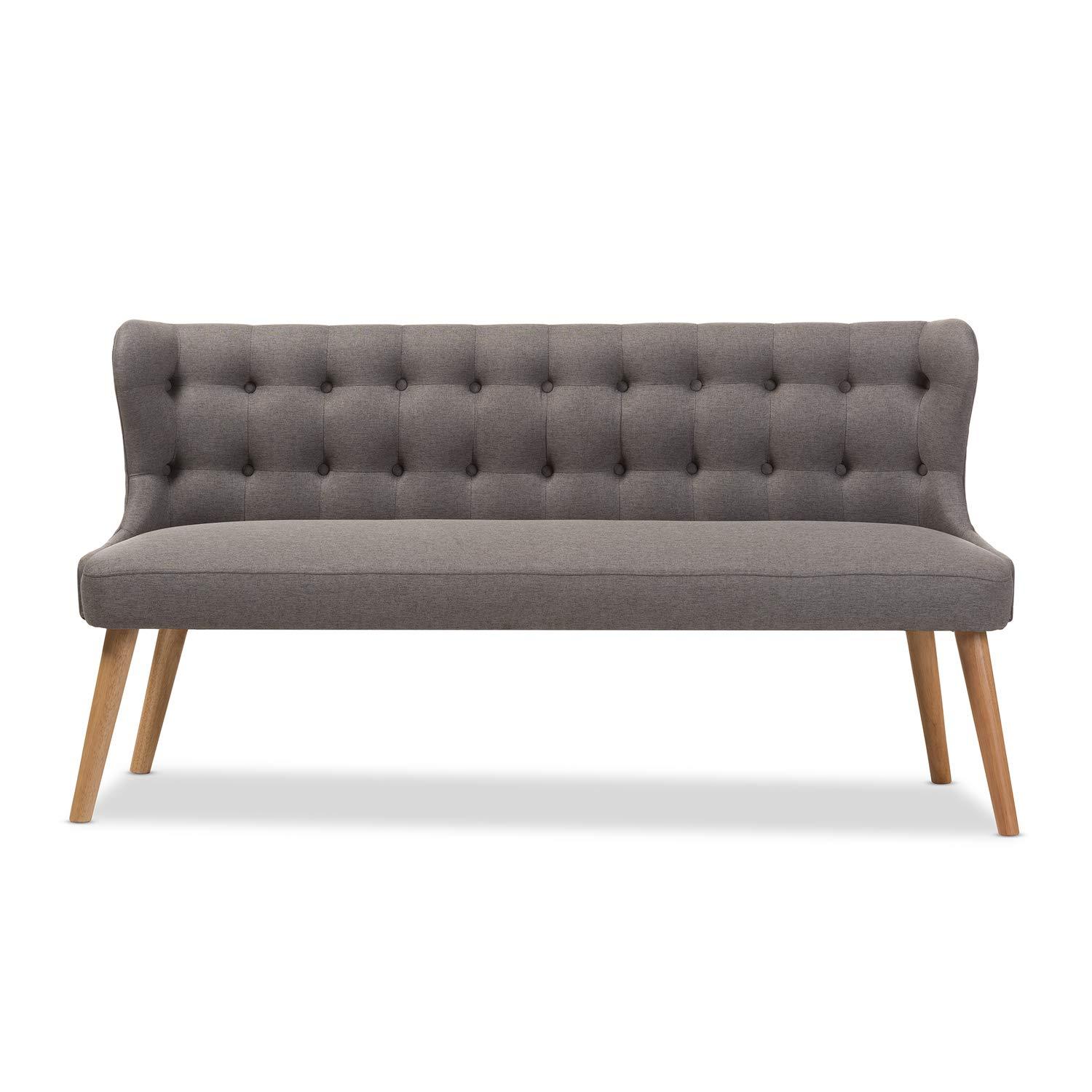 Melody Mid-Century Modern Fabric and Natural Wood Finishing 3 Seater Settee Bench Gray - Baxton Studio: Rubberwood Legs, Button-Tufted Back