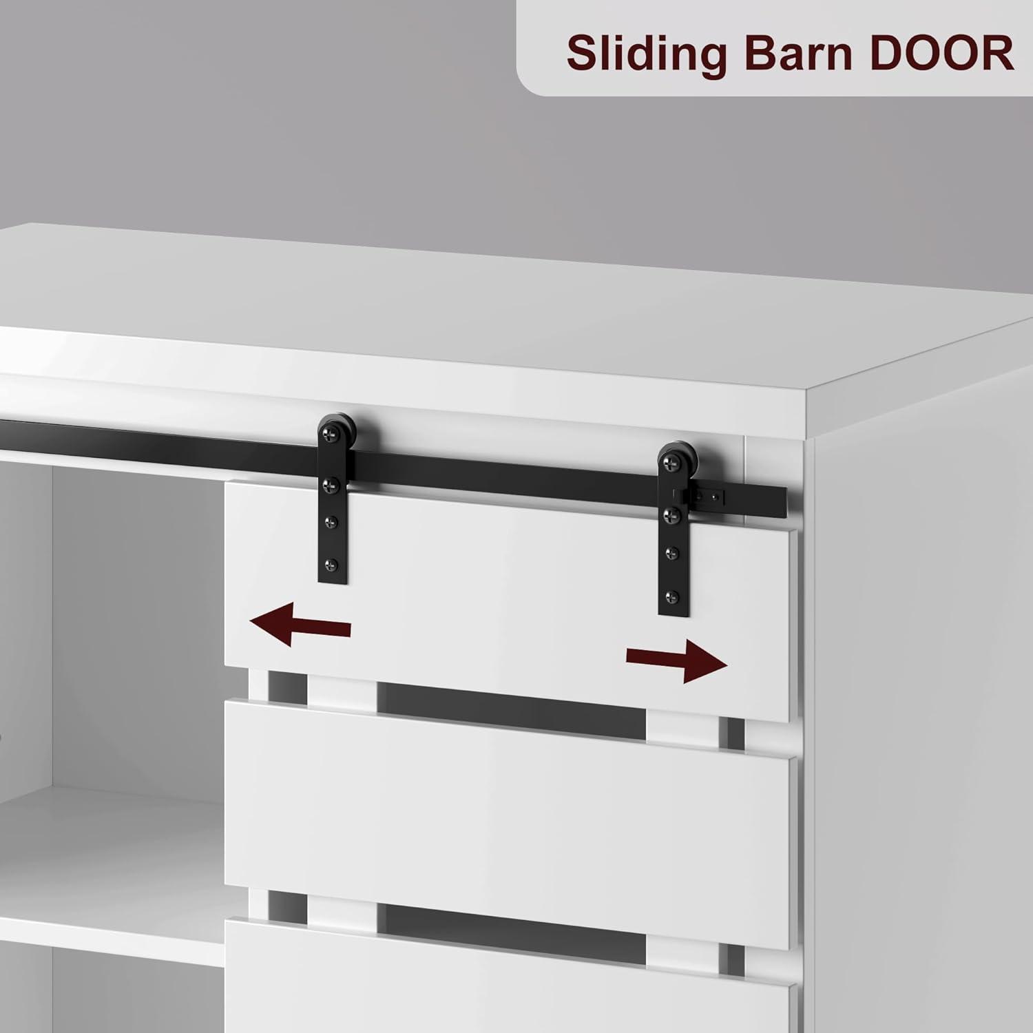 Tall Kitchen Pantry, Large Wood Storage Cabinet with Sliding Barn Door and Adjustable Shelves, Tall Freestanding Cupboard for Dining Room, Living Room, Laundry, White