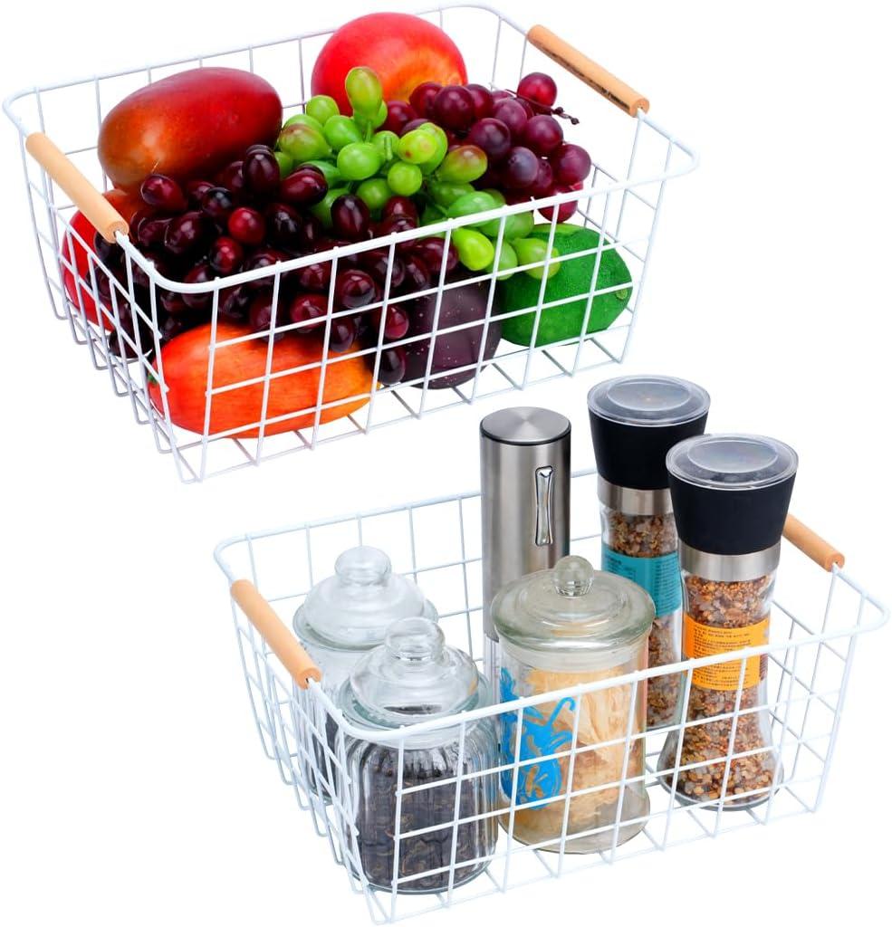 Wire Basket 2 Pcs Wire Storage Baskets Wire Baskets Organizing with Wooden Handles Wire Basket Pantry Organization and Storage Metal Wire Food Storage Basket for Kitchen, Cabinets (White 2PCS)