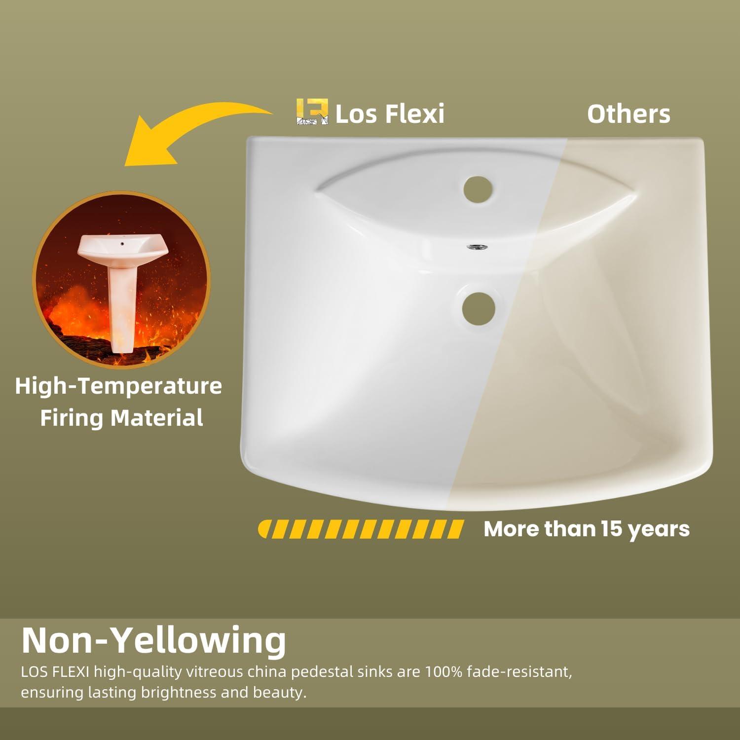 Classic Vintage Bathroom Pedestal Sink, Los Flexi 23"W x 19"D White Ceramic Freestanding Sinks for bathrooms, Overflow, 3 Pre-Drilled Holes for 4-Inch Faucets, Easy Install