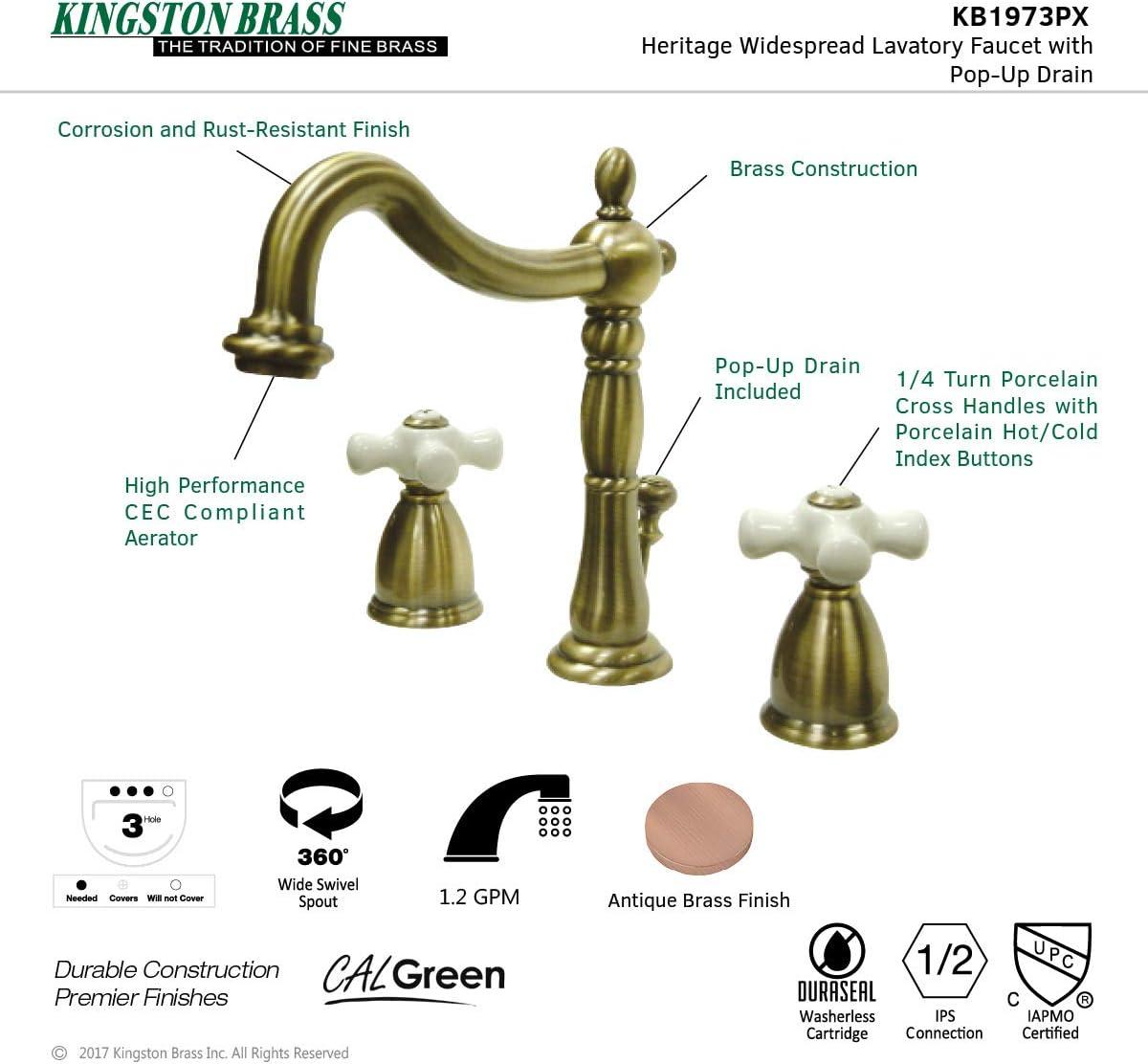 Kingston Brass Heritage Two-Handle 3-Hole Deck Mount Widespread Bathroom Faucet with Pop-Up Drain