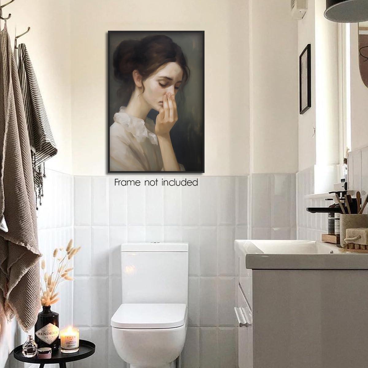 XMJJQQ Funny Bathroom Wall Art, Vintage Funny Bathroom Poster Classical Painting Bathroom Canvas Wall Art, Humor Amusing Toilet Art Pinching Nose Funny Wall Decor 12x16in Unframed, Girl 03