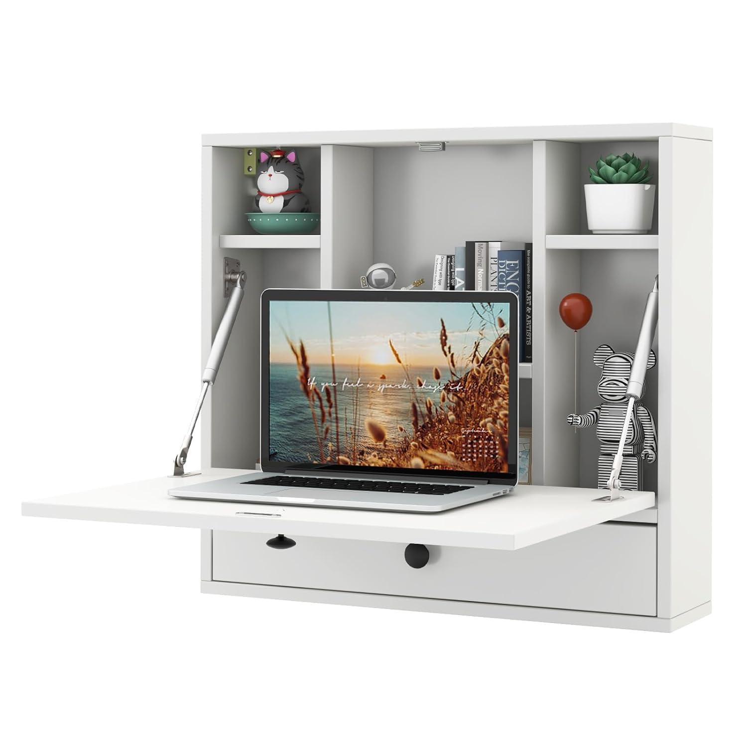 Tangkula Folding Wall Table - Floating Desk with Storage Drawer & Shelves (White)