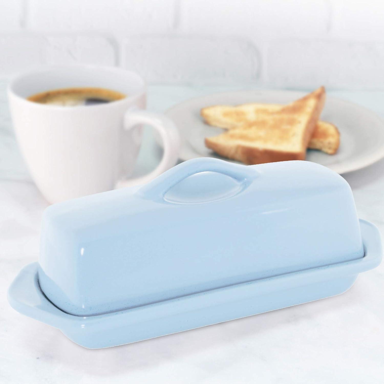 Glacier Blue Stoneware Full-Size Butter Dish with Handle