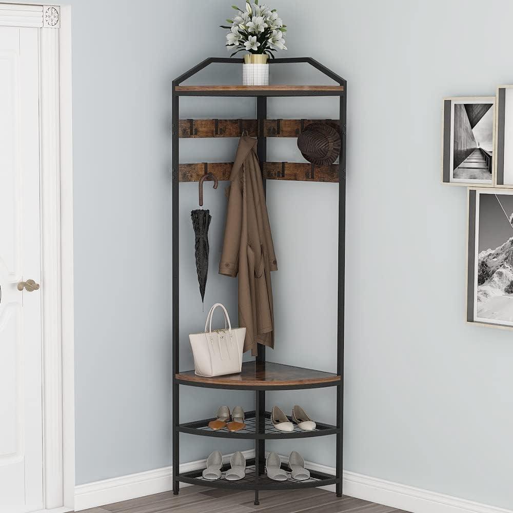 Rustic Brown L-Shaped Corner Hall Tree with Storage