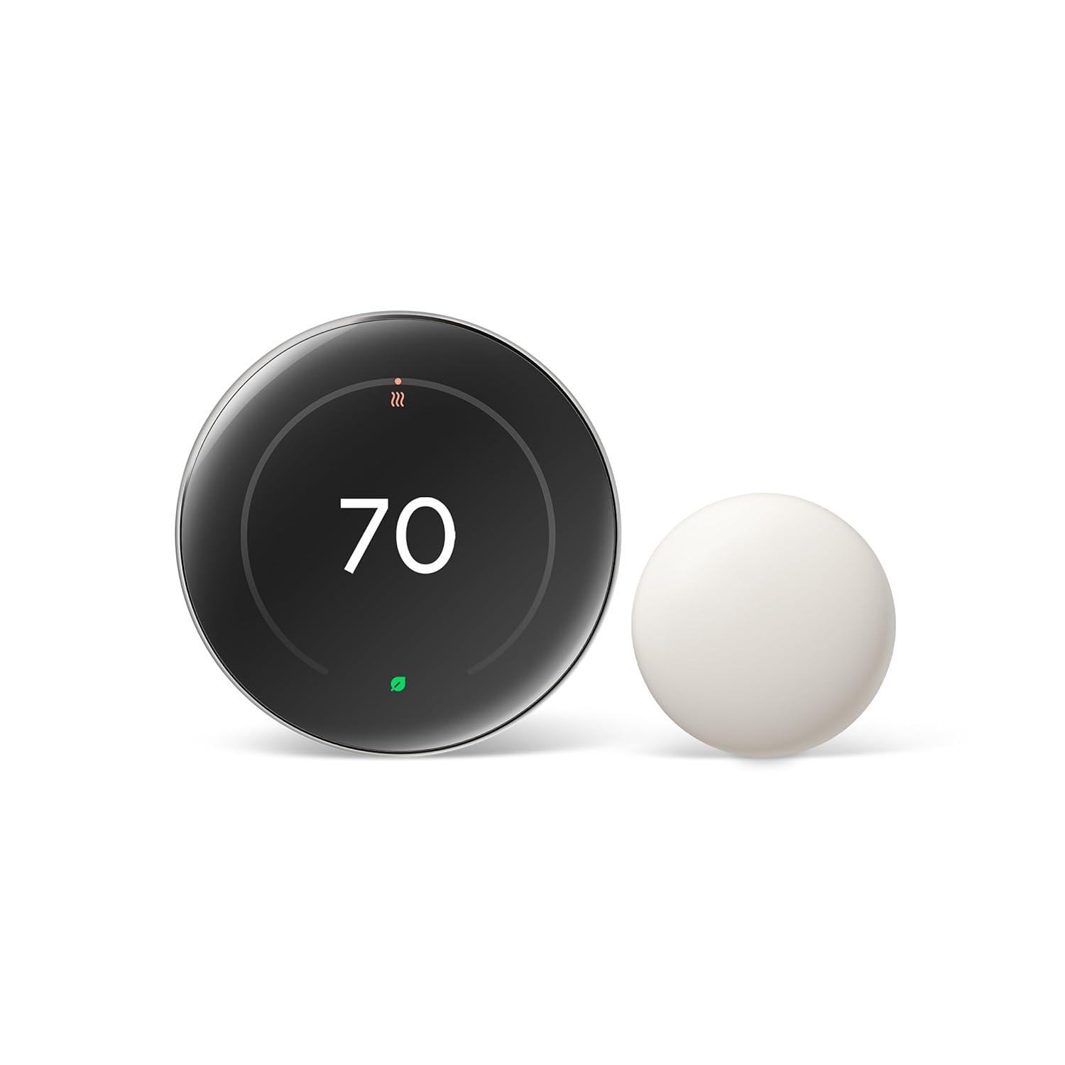 Google Nest Learning Thermostat (4th Gen) with Nest Temperature Sensor (2nd Gen) - Silver: Wi-Fi, Energy Star Certified