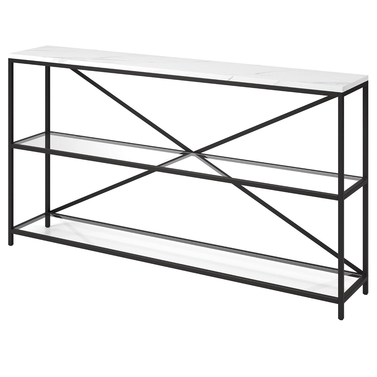 Evelyn&Zoe Fionn 55" Wide Rectangular Console Table with Faux Marble Top, Blackened Bronze