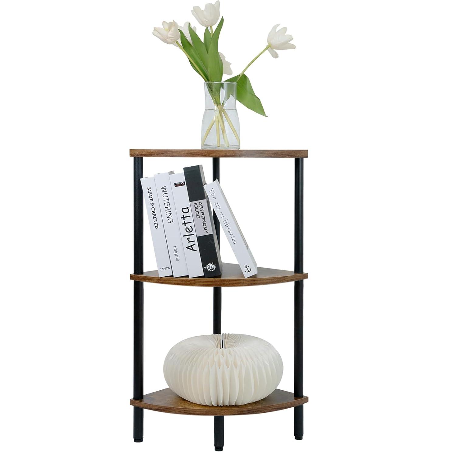 3 Tier Corner Shelf Stand, 28 Inch Rustic Industrial Corner Bookshelf, Storage Standing Shelf Unit, Plant Stand, Short Corner Table for Small Spaces in Living Room,Bedroom,Home Office