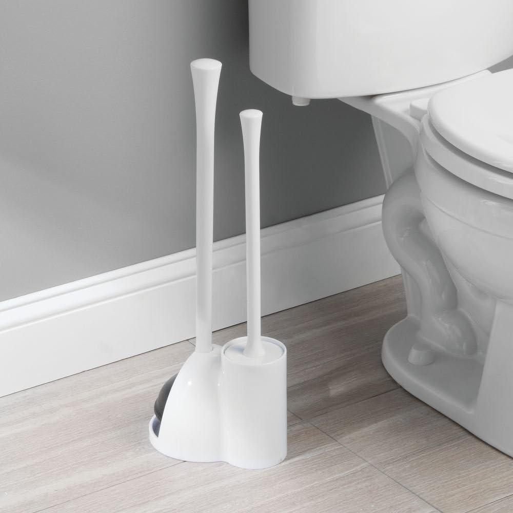 iDesign White Plastic Toilet Bowl Brush and Plunger Set