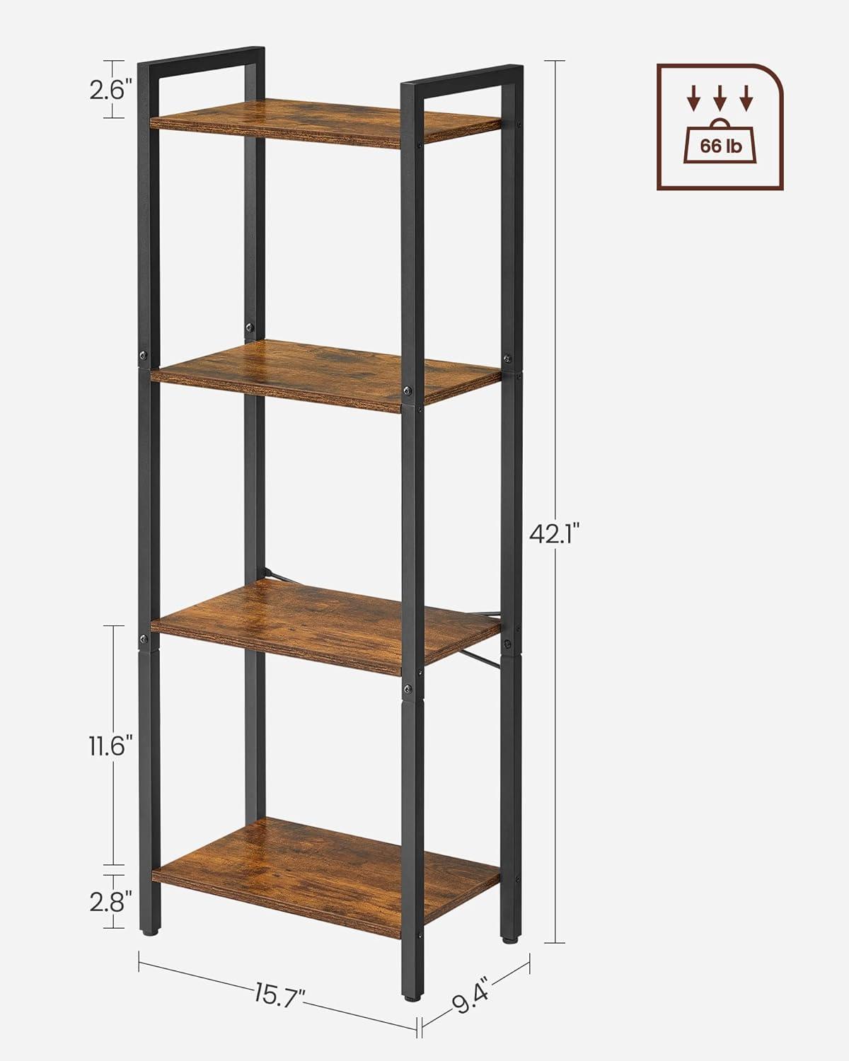 Rustic Brown and Black 4-Tier Adjustable Bookshelf