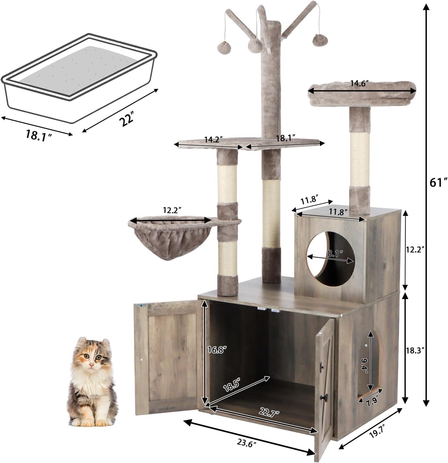 Litter Box Enclosure with Cat Tree, 2-in-1 Cat Tree Tower, Hidden Cat Litter Box Furniture with Scratching Post, Modern Cat Condo, Grey