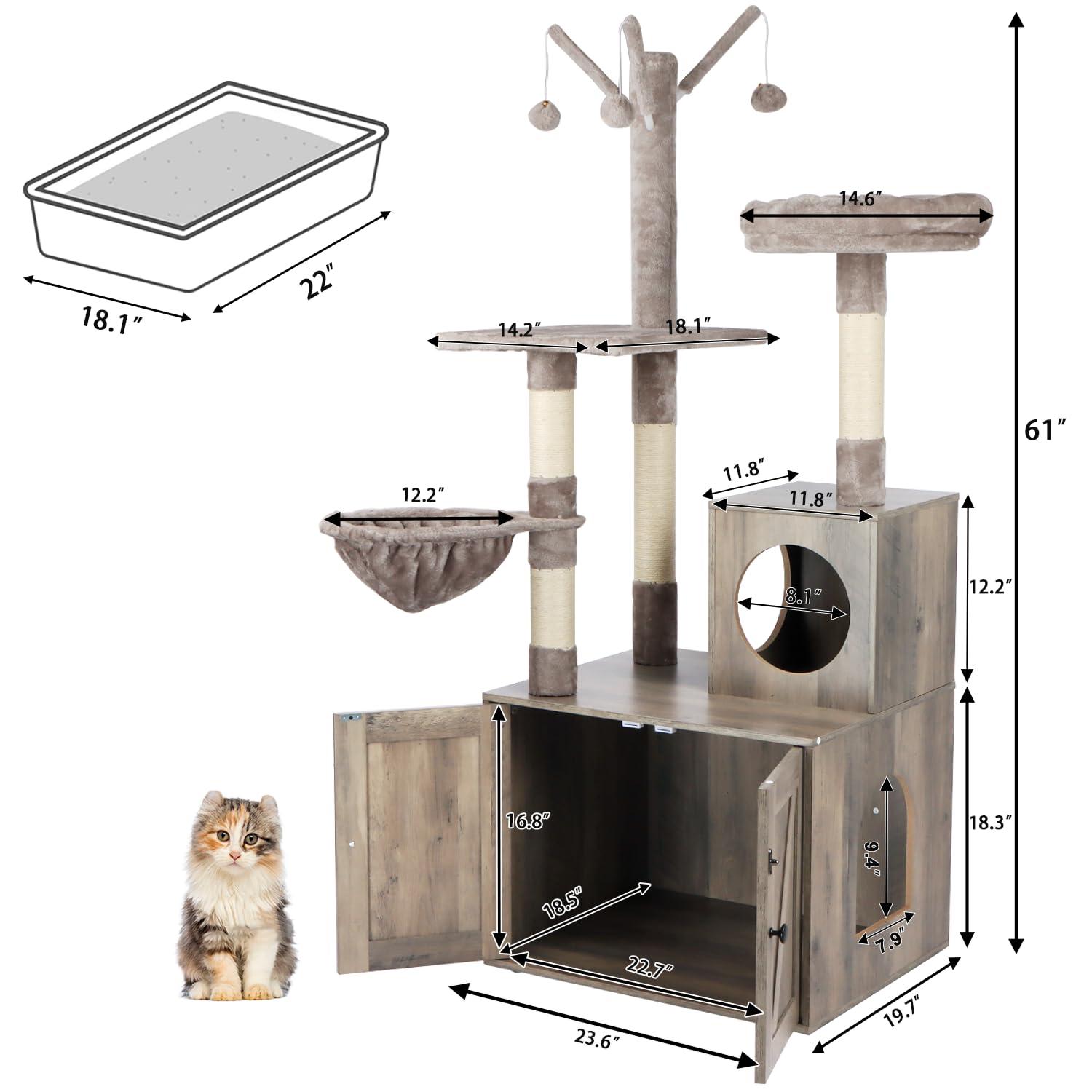Litter Box Enclosure with Cat Tree, 2-in-1 Cat Tree Tower, Hidden Cat Litter Box Furniture with Scratching Post, Modern Cat Condo, Grey