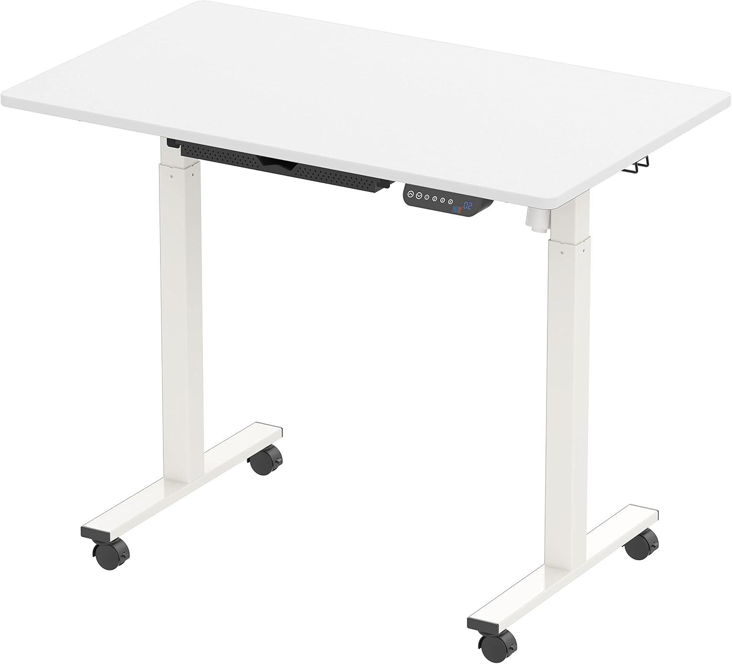 White Adjustable Height Standing Desk with Drawer and Wheels