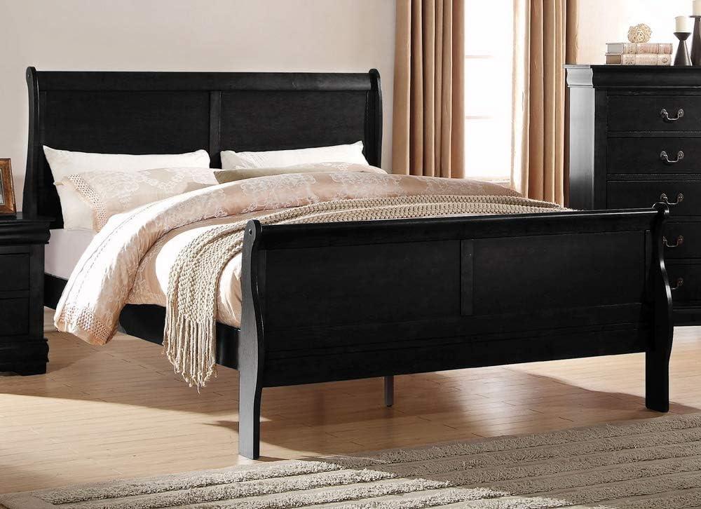 Pine Wood Sleigh Full Bed with Drawer and Headboard in Black