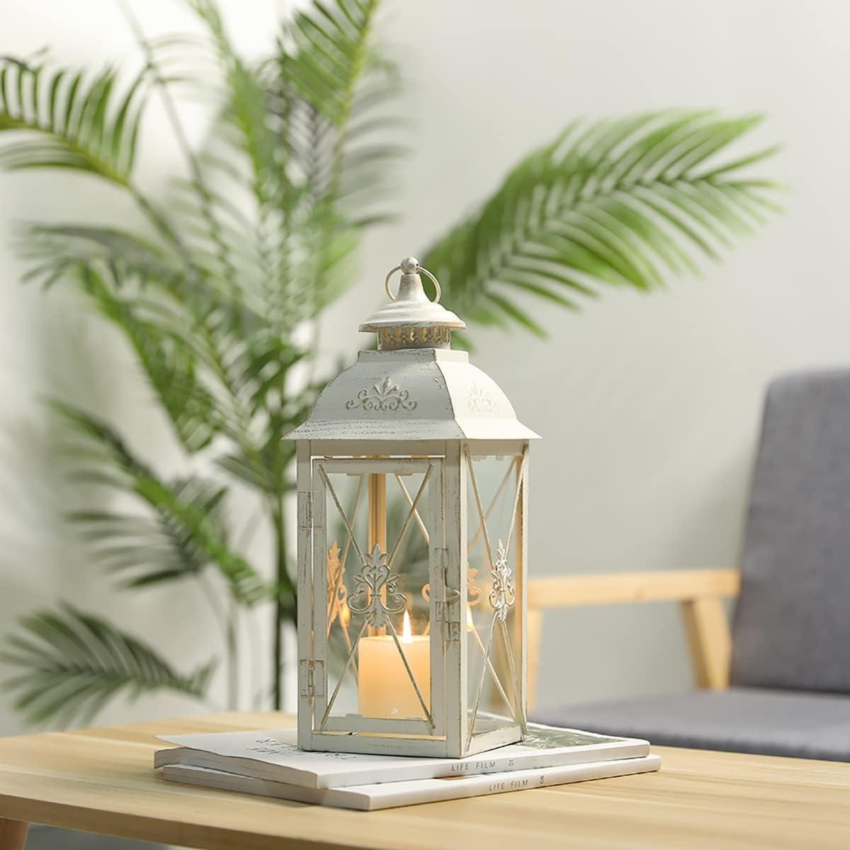 Vintage Hanging Lantern - 13.5'' Decorative Metal & Tempered Glass Candle Holder - Ideal for Indoor/Outdoor Events, Patio, Garden, Parties - Elegant Design with White & Gold Brush Finish