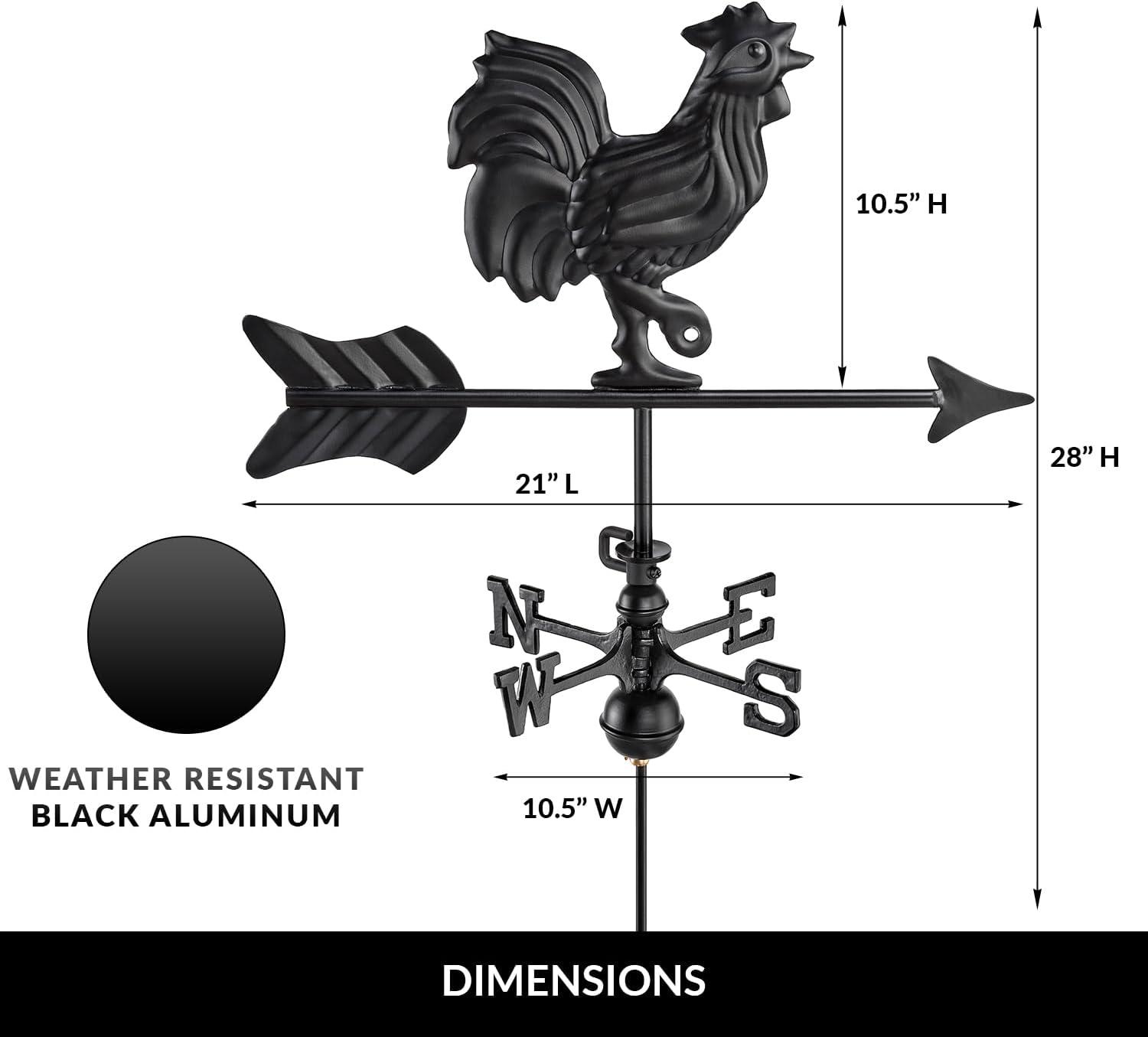 Black Aluminum Roof-Mount Rooster Weathervane for Small Structures