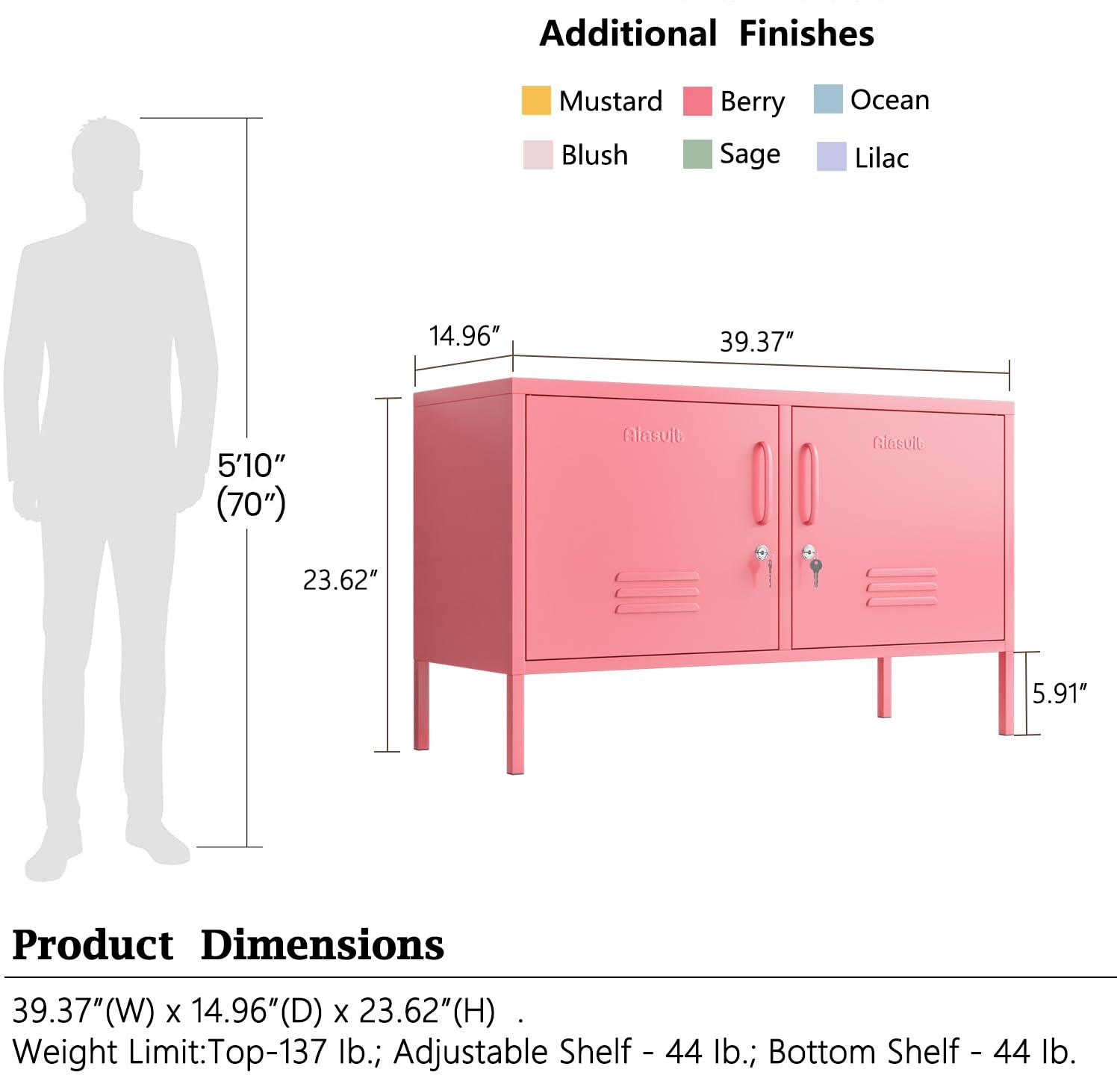 2 Doors Metal Storage Cabinet Multifunction lockers Modern TV Stand Large Space Adjustable Bedroom Locker Red Size: 23.62”H x 39.37”W x 14.96”D
