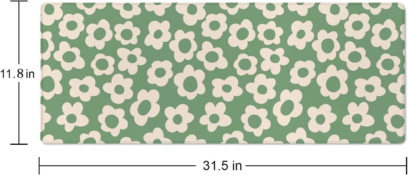 Vintage Groovy Green Flowers Gaming Mouse Pad,Extended Large Mouse Mat Desk Pad,Big Computer Keyboard Desk Pad,Stitched Edges Mousepad,3mm Thick Long Non-Slip Rubber Base Mice Pad, 31.5 X 11.8 Inch