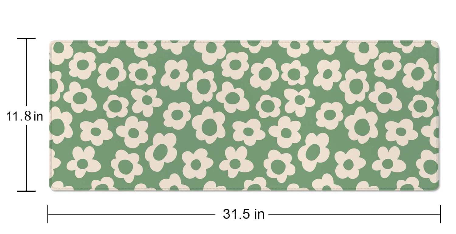 Vintage Groovy Green Flowers Gaming Mouse Pad,Extended Large Mouse Mat Desk Pad,Big Computer Keyboard Desk Pad,Stitched Edges Mousepad,3mm Thick Long Non-Slip Rubber Base Mice Pad, 31.5 X 11.8 Inch