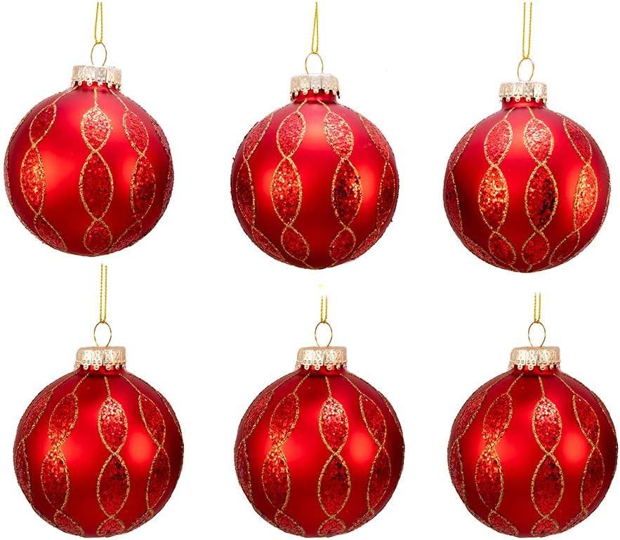 Red and Gold Glitter Glass Ball Christmas Ornaments, Set of Six