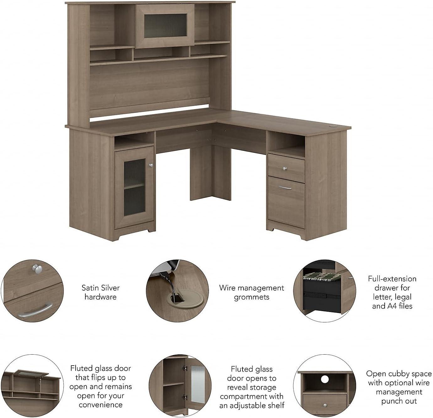 Bush Furniture Cabot 60" L Desk and Hutch with Storage, Ash Gray